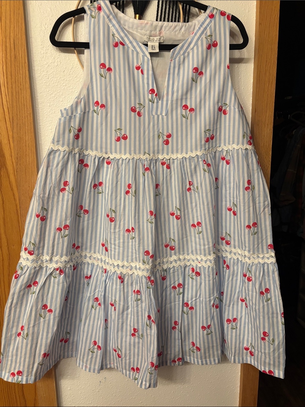 Rachel Zoe Blue-and-White Striped Midi Dress with Red Cherry Print